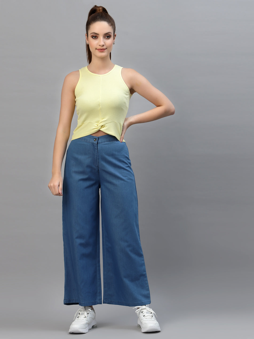 Women Round Neck Solid Sleeveless High-Low Crop Top - Friskers