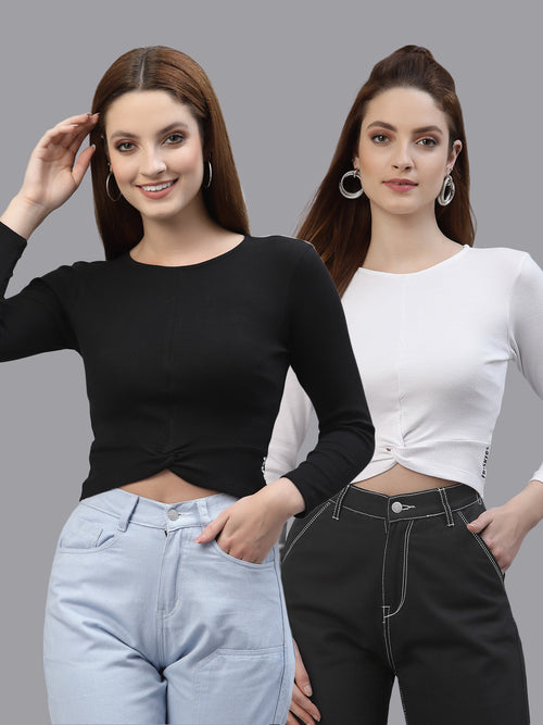 Women Pack Of 2 Ribbed Pure Cotton Crop Top