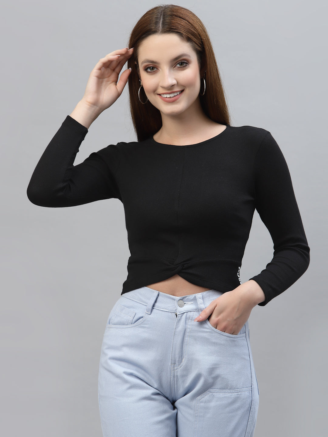 Friskers Women Round Neck Solid High-Low Crop Top - Friskers