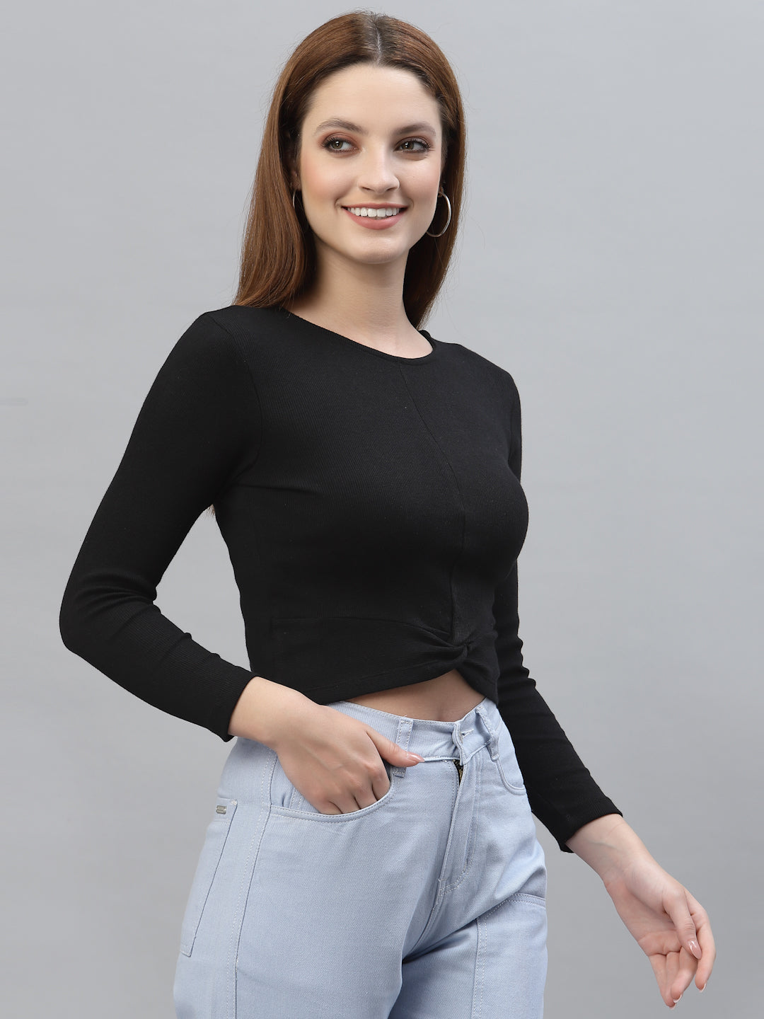 Friskers Women Round Neck Solid High-Low Crop Top - Friskers