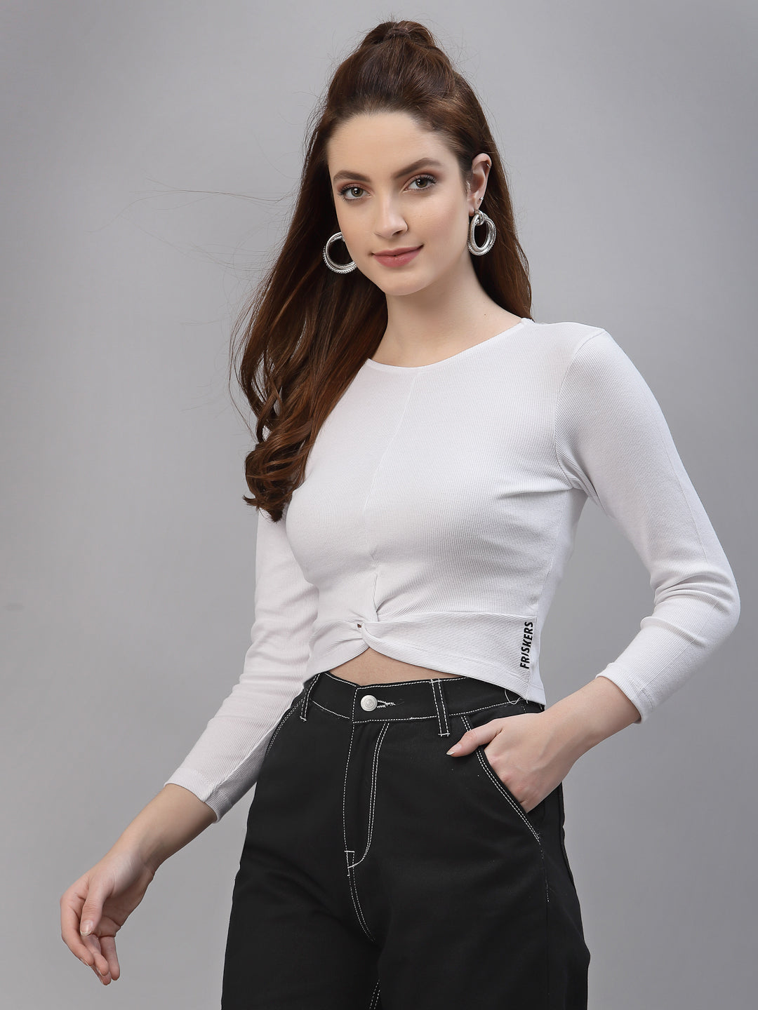 Friskers Women Round Neck Solid High-Low Crop Top - Friskers