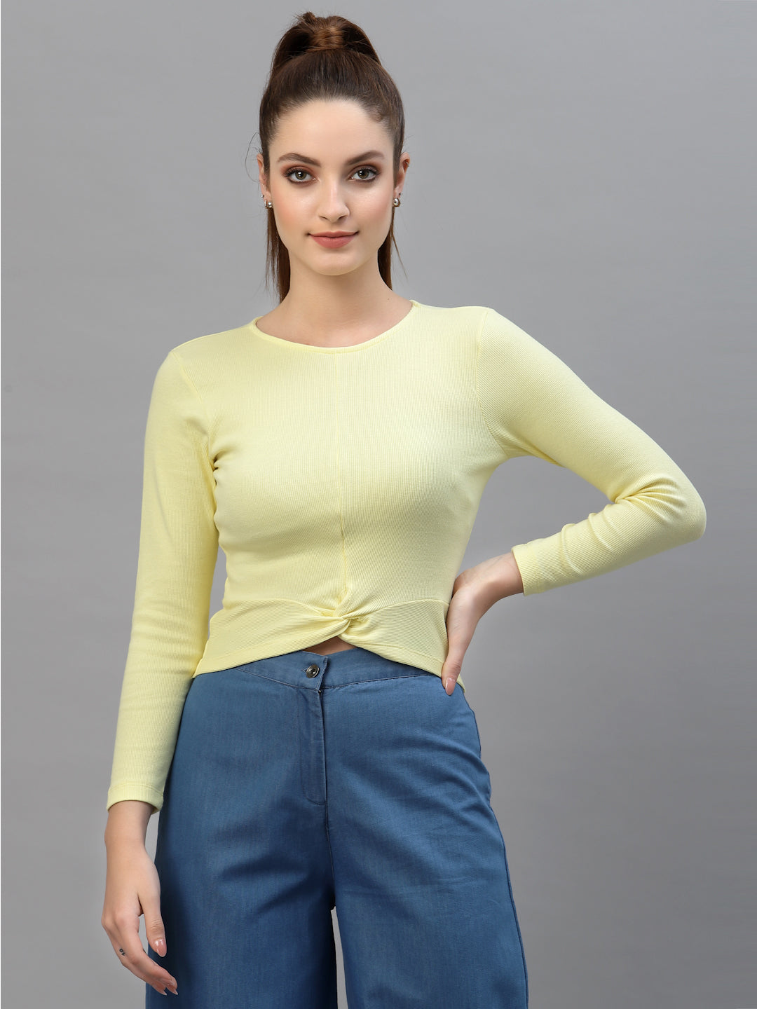 Friskers Women Round Neck Solid High-Low Crop Top - Friskers