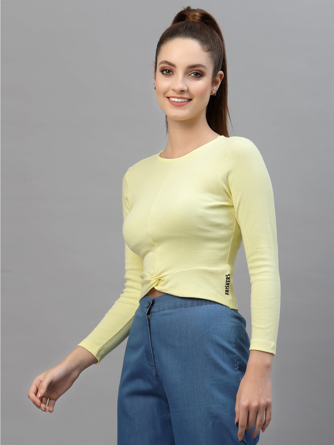 Friskers Women Round Neck Solid High-Low Crop Top - Friskers