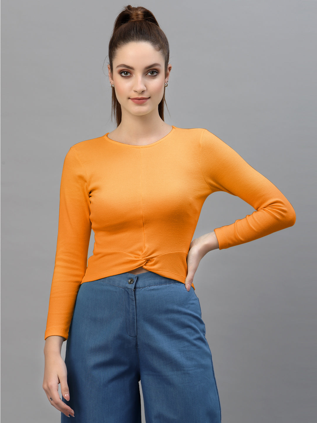 Friskers Women Round Neck Solid High-Low Crop Top - Friskers