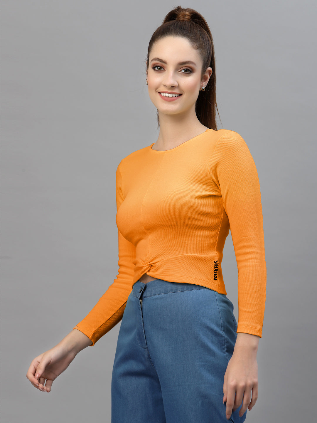 Friskers Women Round Neck Solid High-Low Crop Top - Friskers