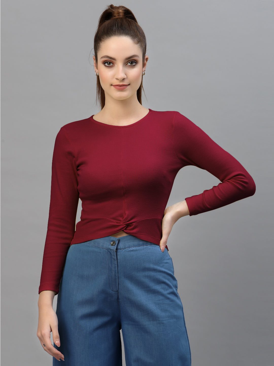 Friskers Women Round Neck Solid High-Low Crop Top - Friskers