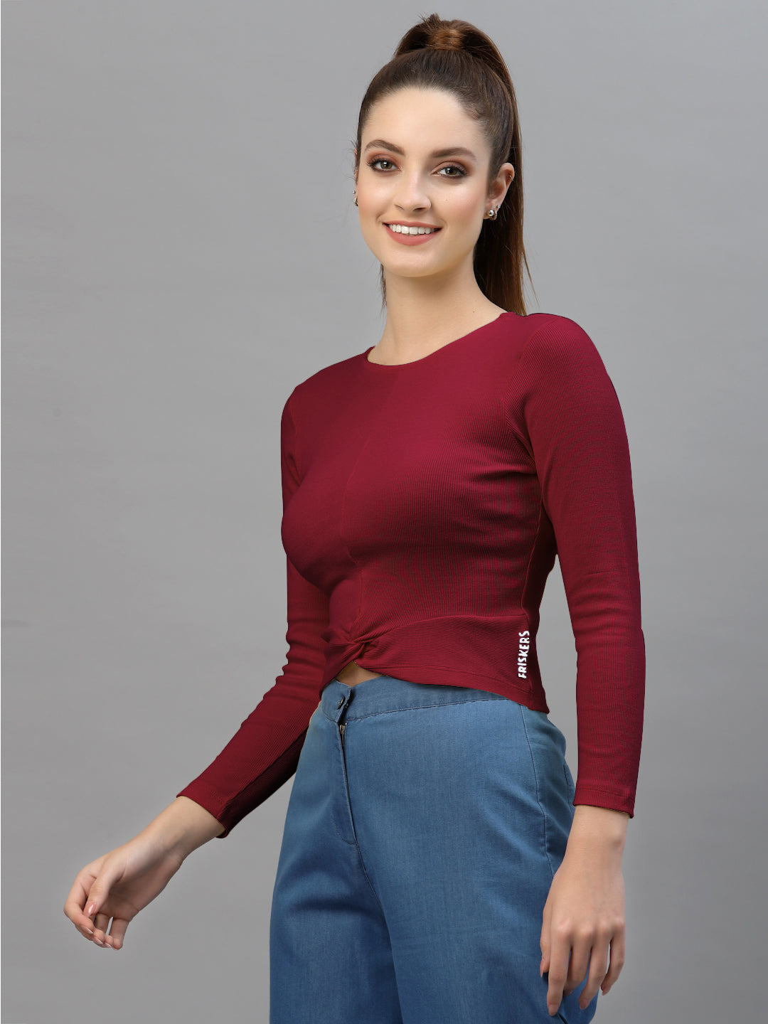 Friskers Women Round Neck Solid High-Low Crop Top - Friskers