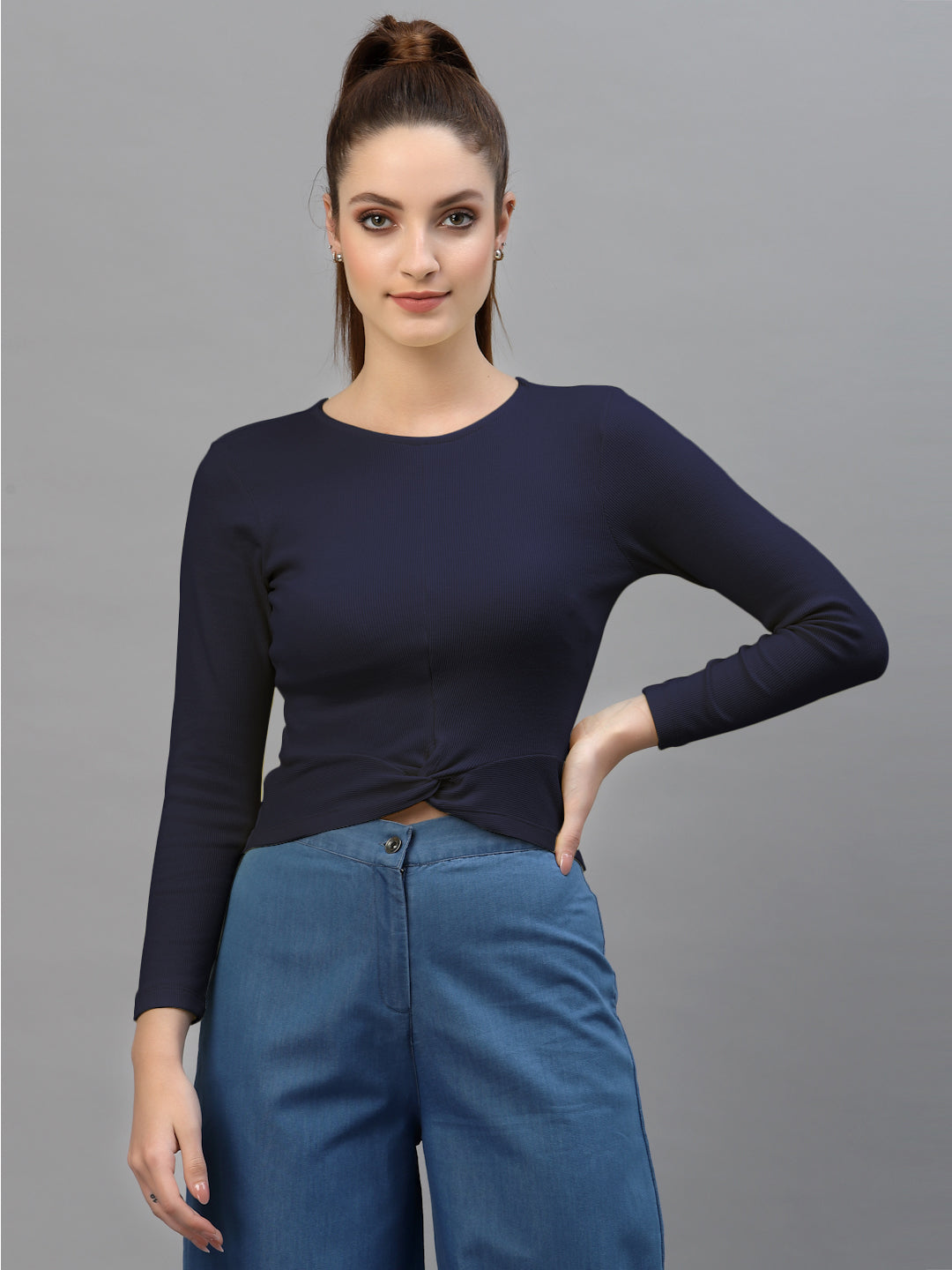 Friskers Women Round Neck Solid High-Low Crop Top - Friskers