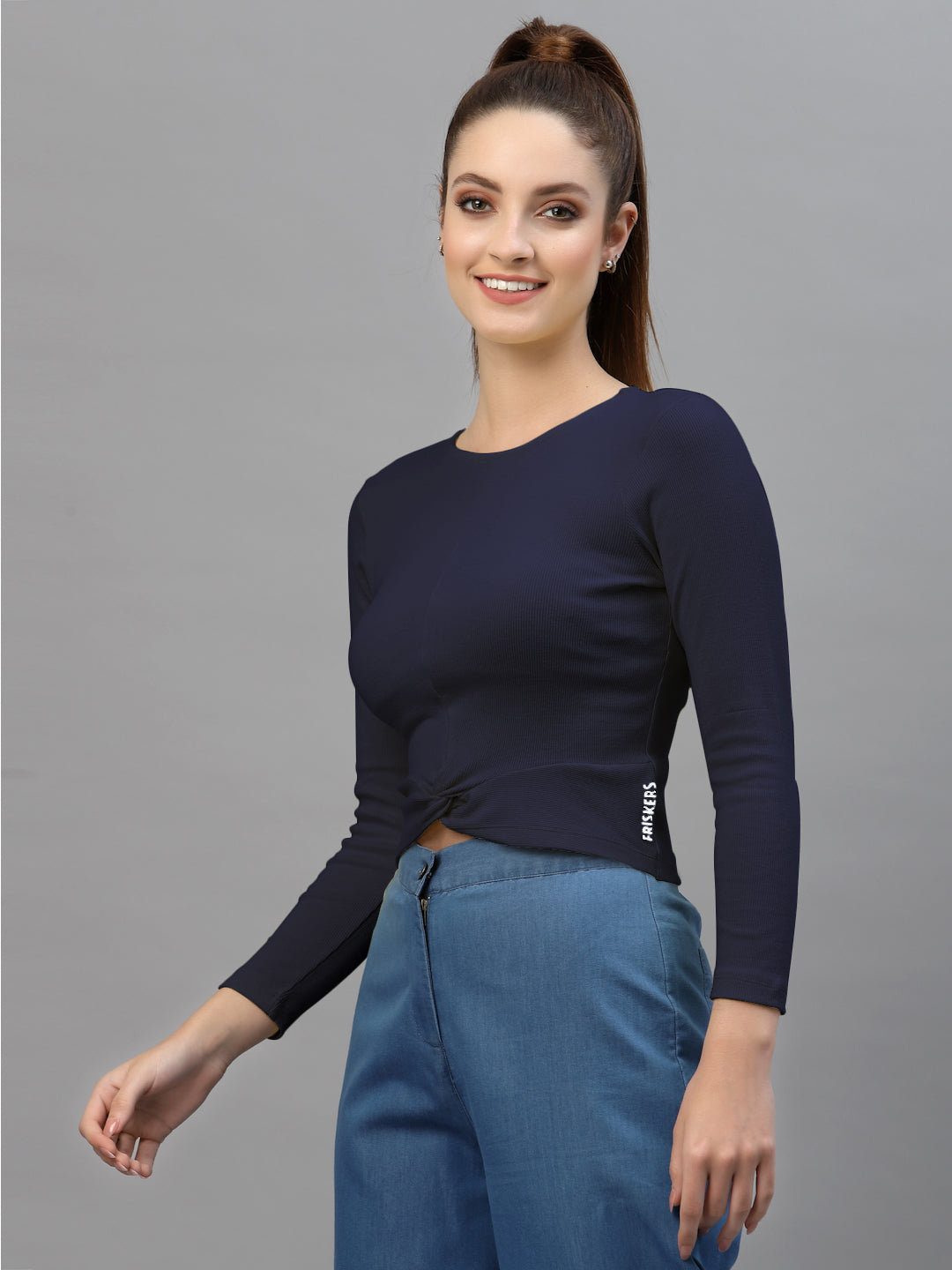 Friskers Women Round Neck Solid High-Low Crop Top - Friskers