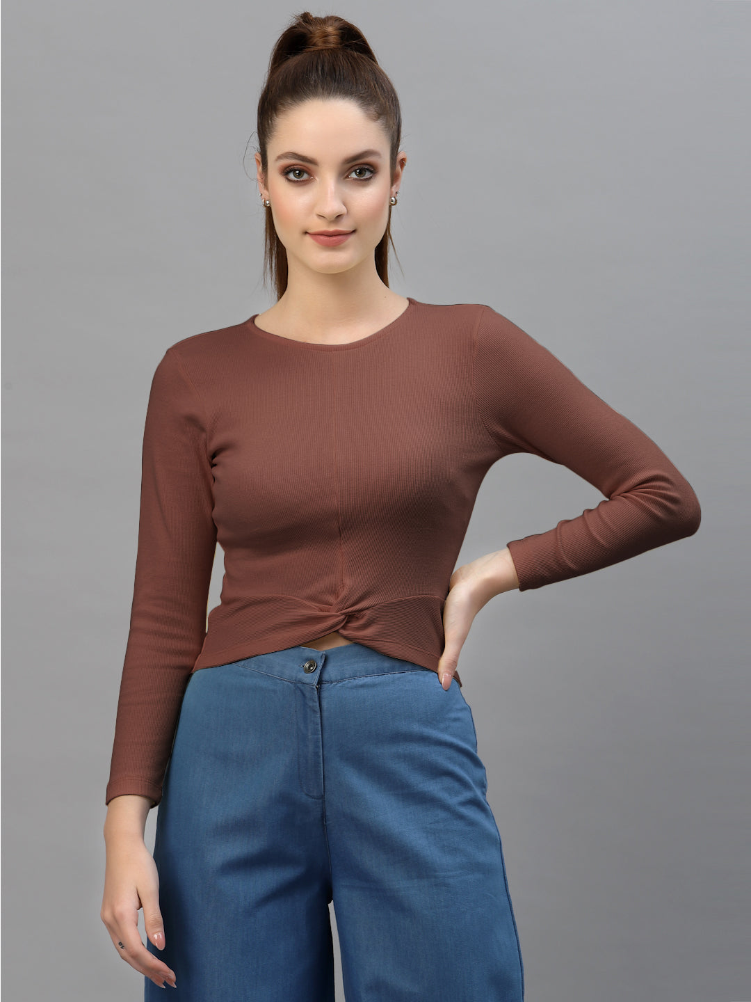 Friskers Women Round Neck Solid High-Low Crop Top - Friskers