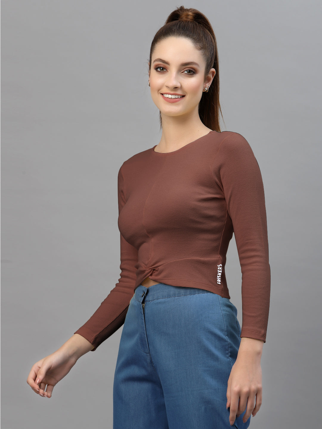 Friskers Women Round Neck Solid High-Low Crop Top - Friskers