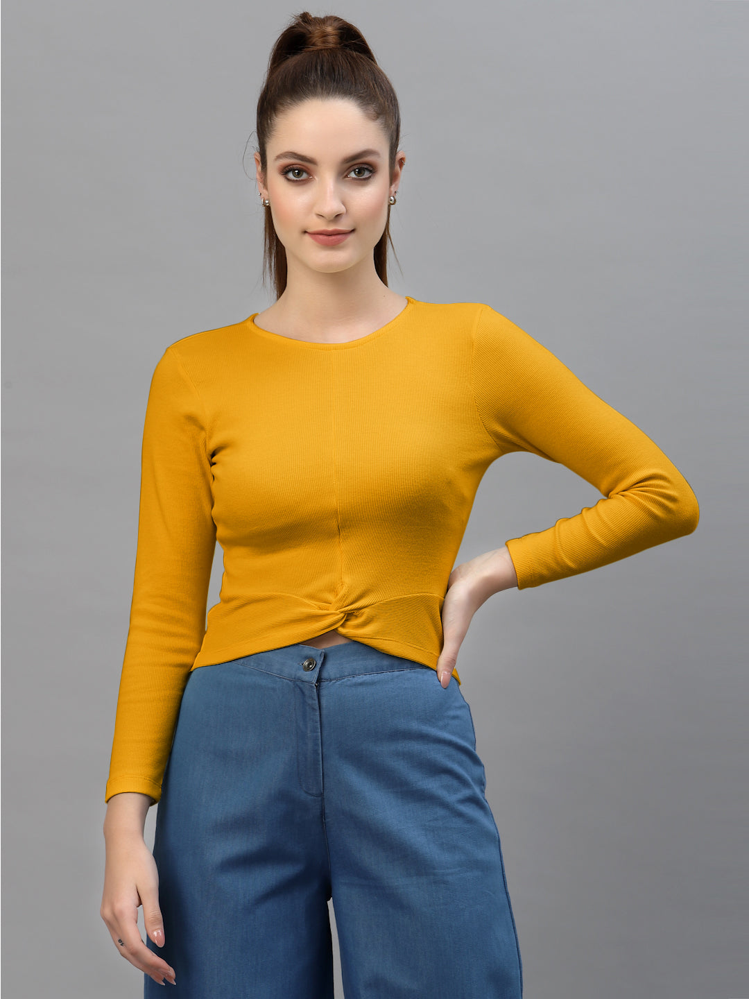 Friskers Women Round Neck Solid High-Low Crop Top - Friskers