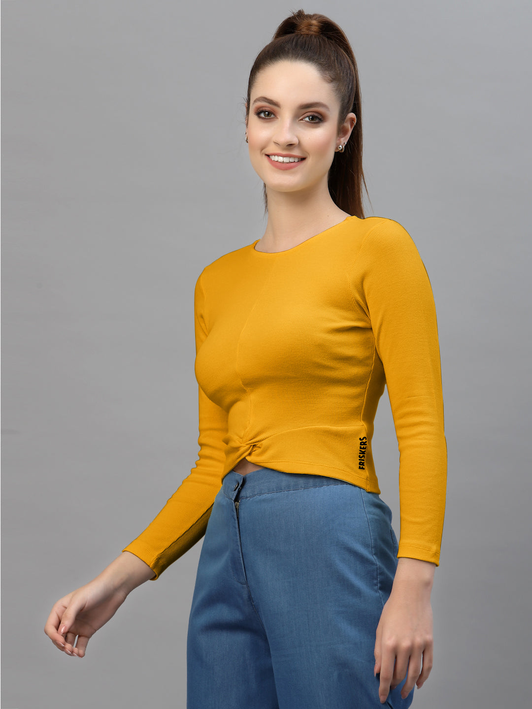 Friskers Women Round Neck Solid High-Low Crop Top - Friskers