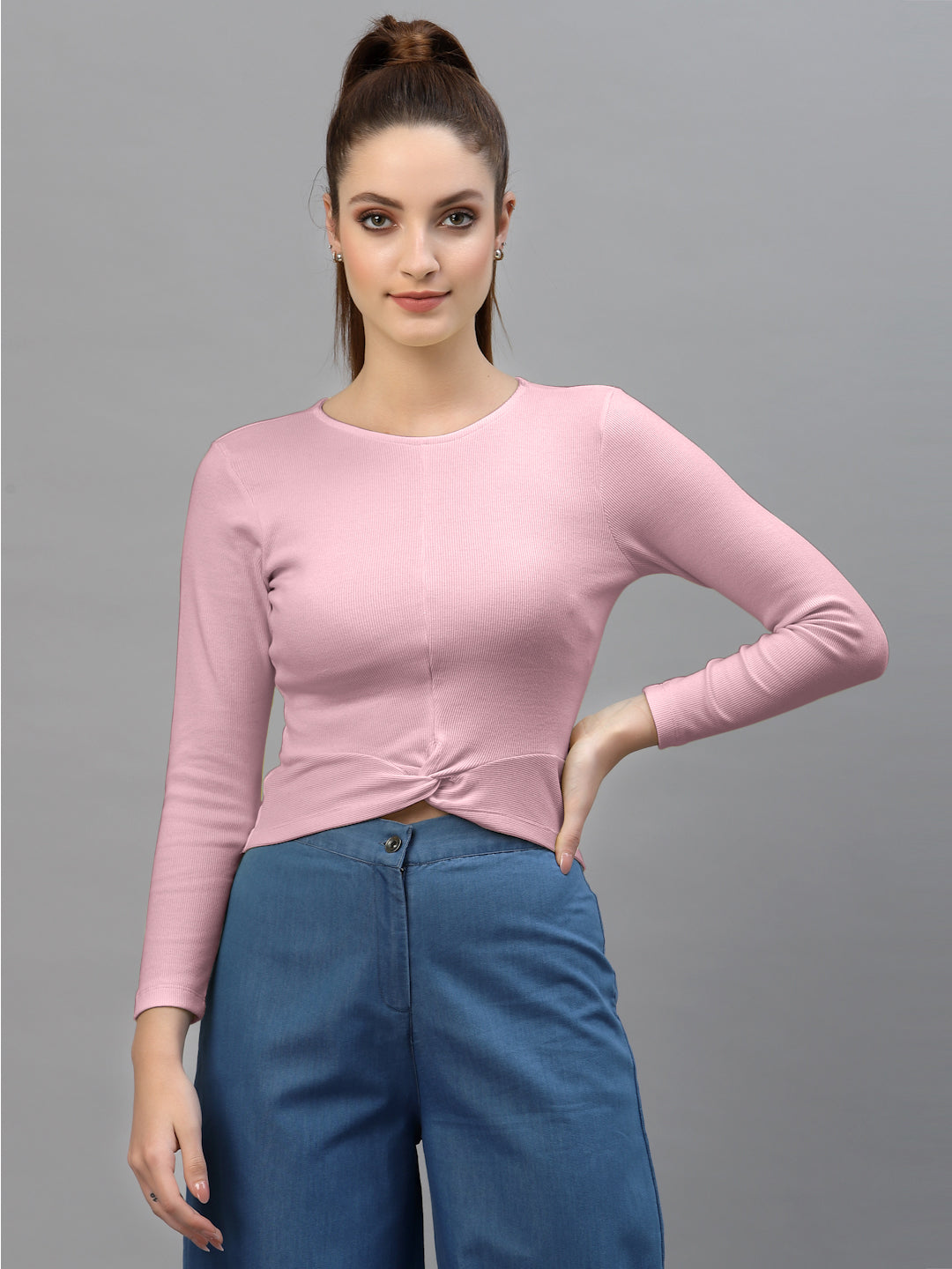 Friskers Women Round Neck Solid High-Low Crop Top - Friskers