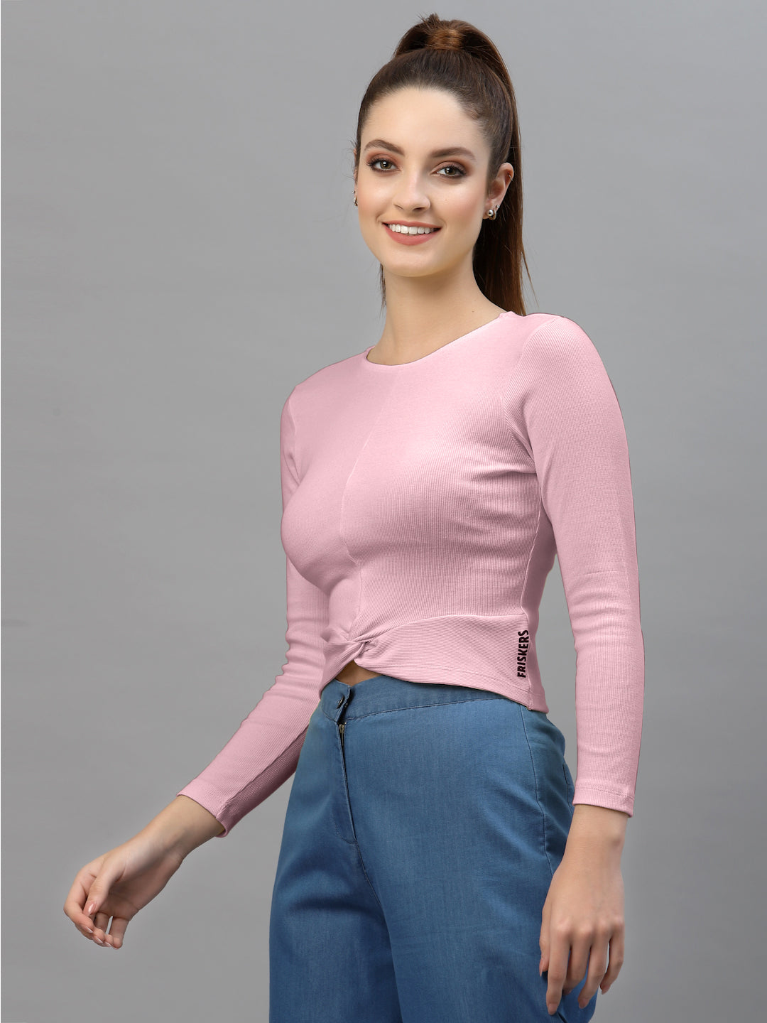 Friskers Women Round Neck Solid High-Low Crop Top - Friskers