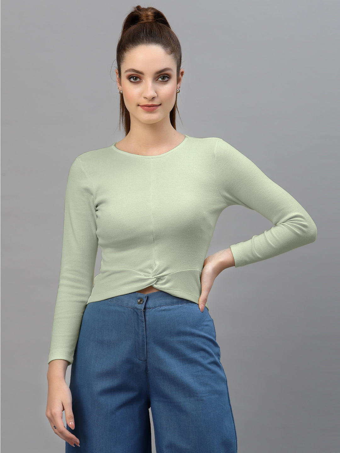 Friskers Women Round Neck Solid High-Low Crop Top - Friskers