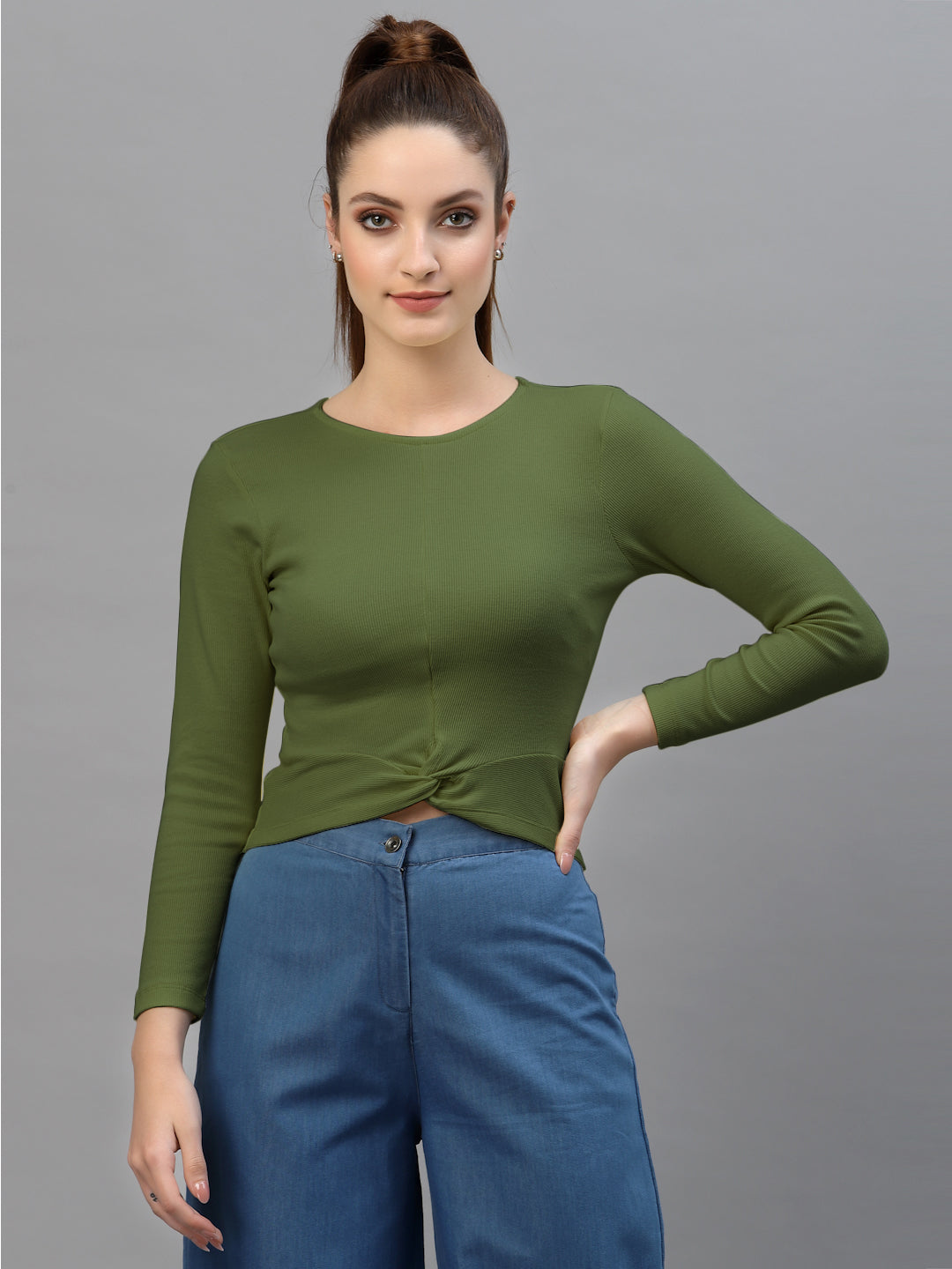 Friskers Women Round Neck Solid High-Low Crop Top - Friskers