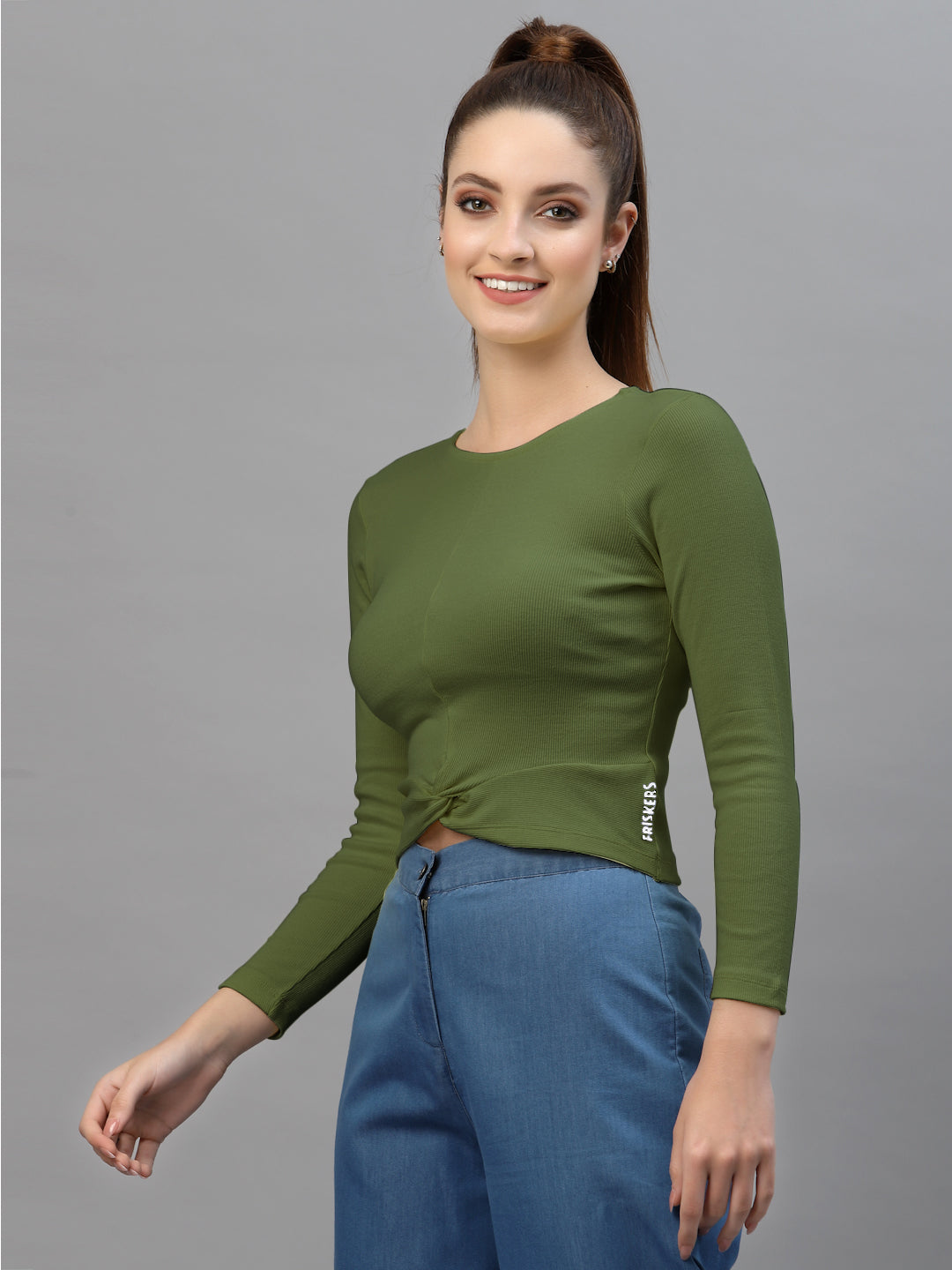 Friskers Women Round Neck Solid High-Low Crop Top - Friskers