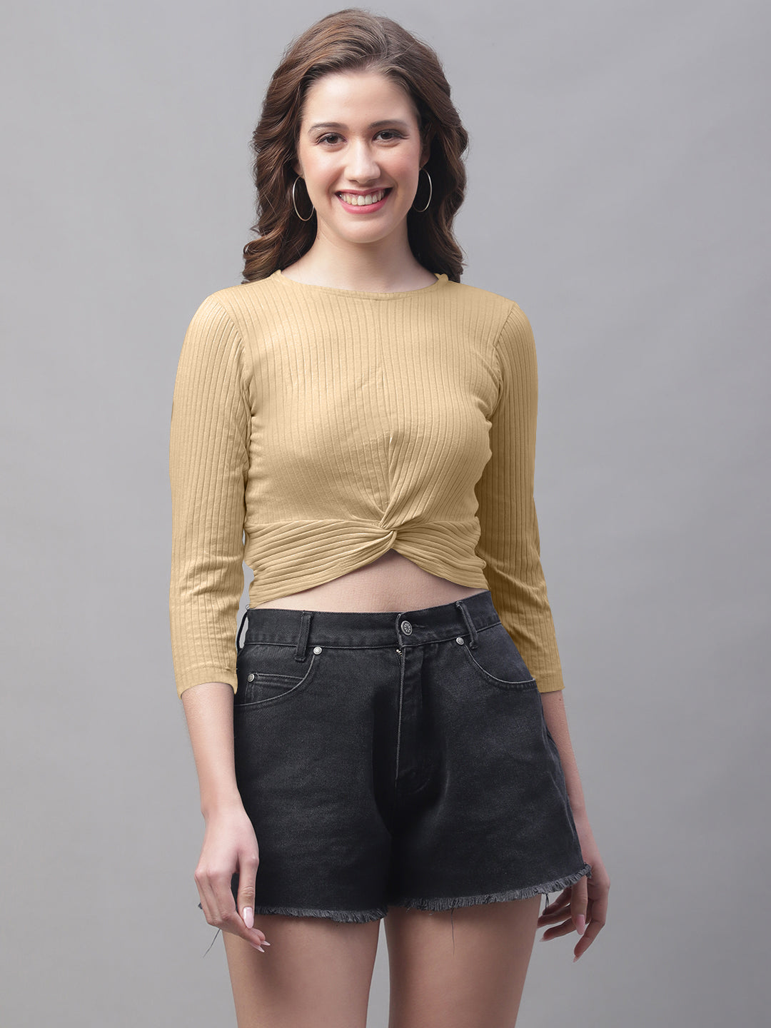 Women Round Neck Solid High-Low Crop Top - Friskers