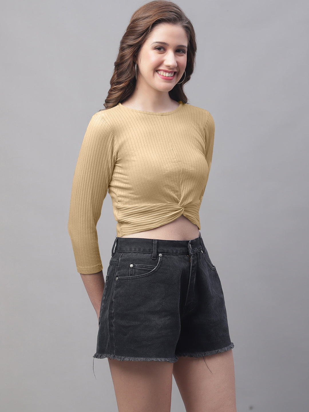 Women Round Neck Solid High-Low Crop Top - Friskers