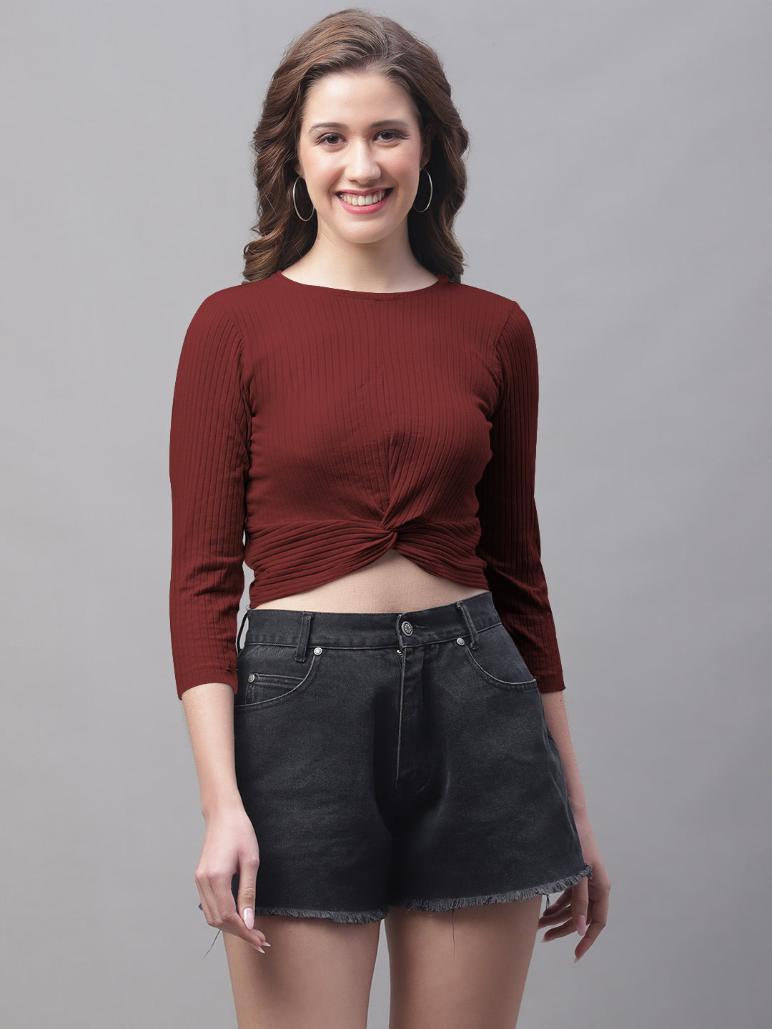 Women Round Neck Solid High-Low Crop Top - Friskers