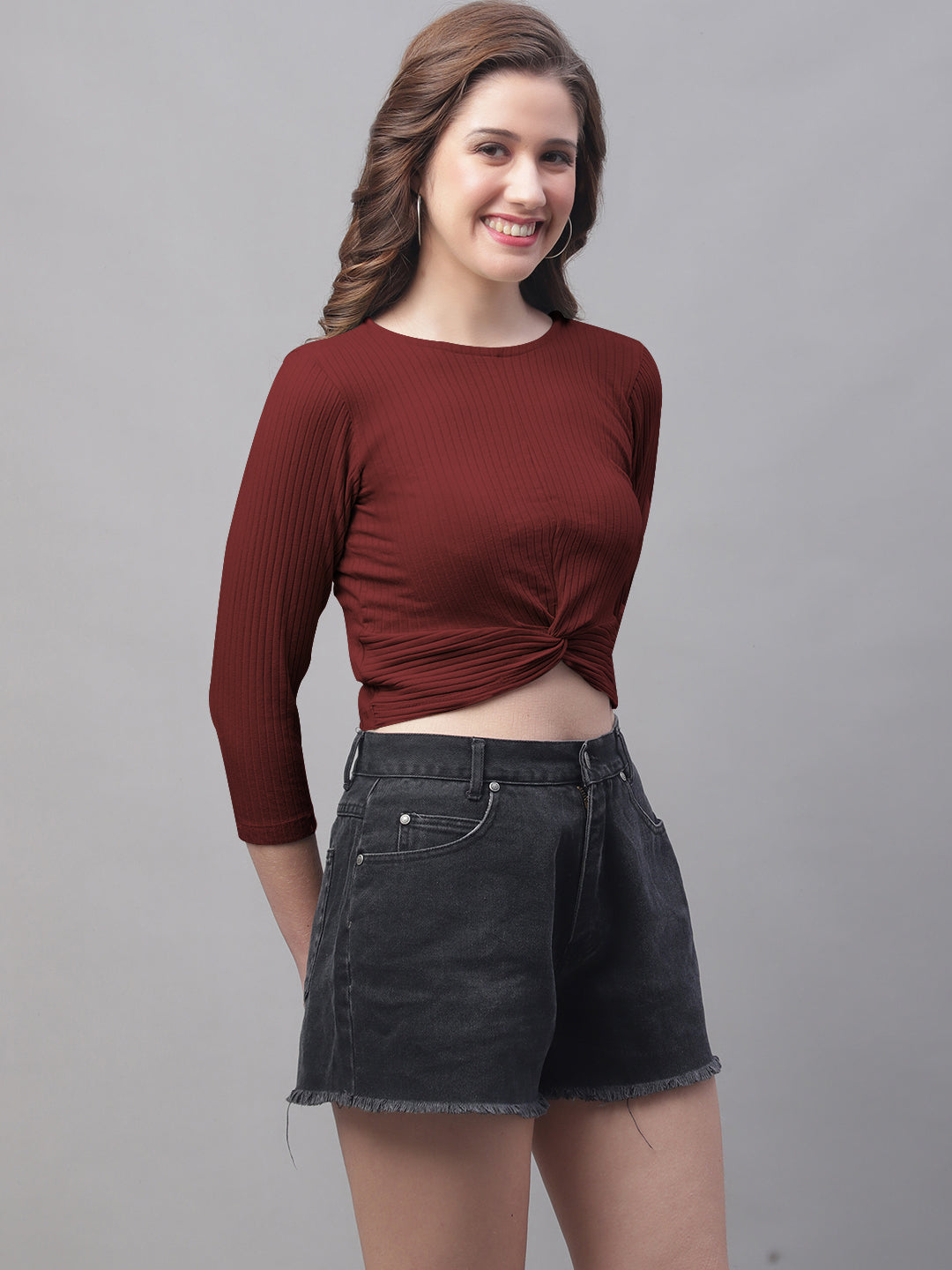 Women Round Neck Solid High-Low Crop Top - Friskers