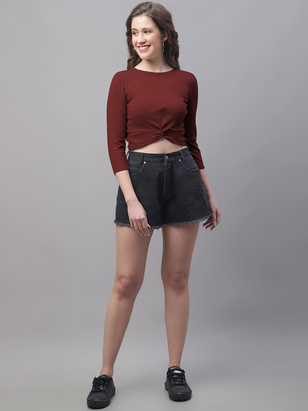 Women Round Neck Solid High-Low Crop Top - Friskers