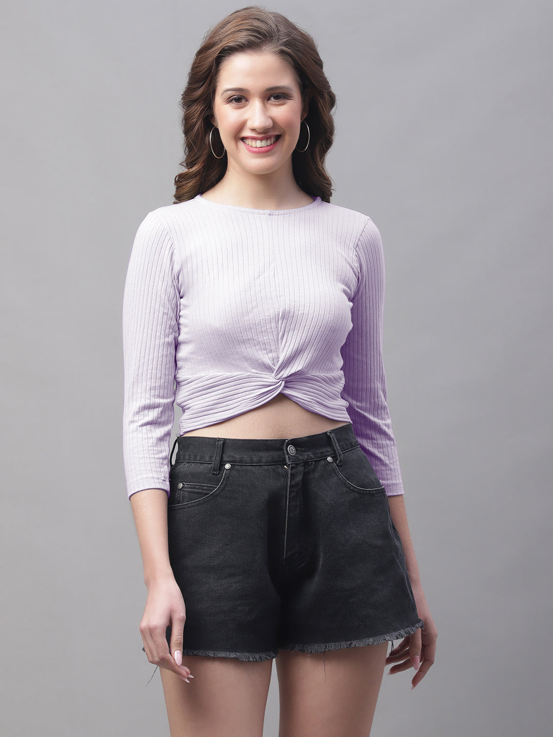 Women Round Neck Solid High-Low Crop Top - Friskers