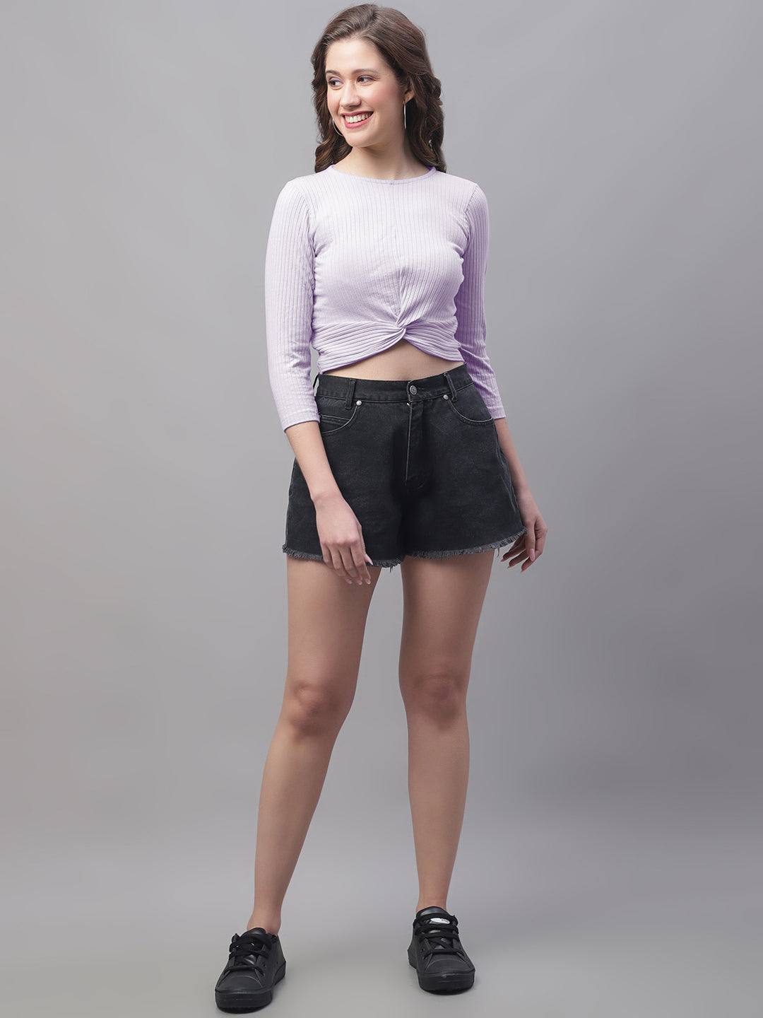 Women Round Neck Solid High-Low Crop Top - Friskers