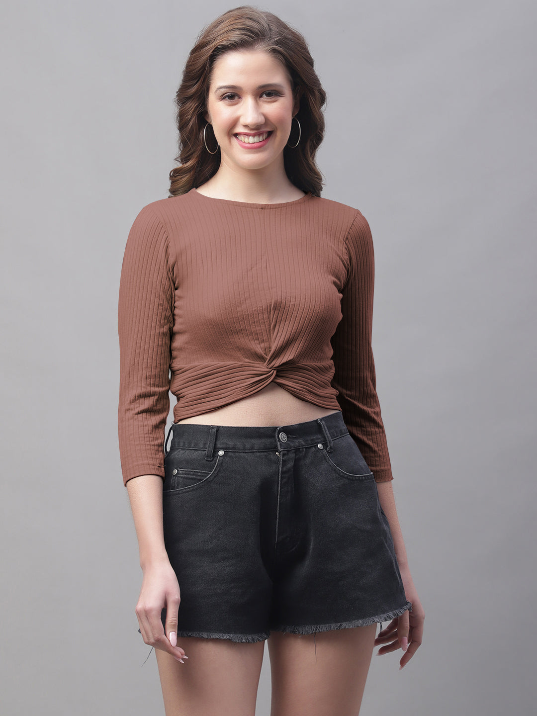 Women Round Neck Solid High-Low Crop Top - Friskers