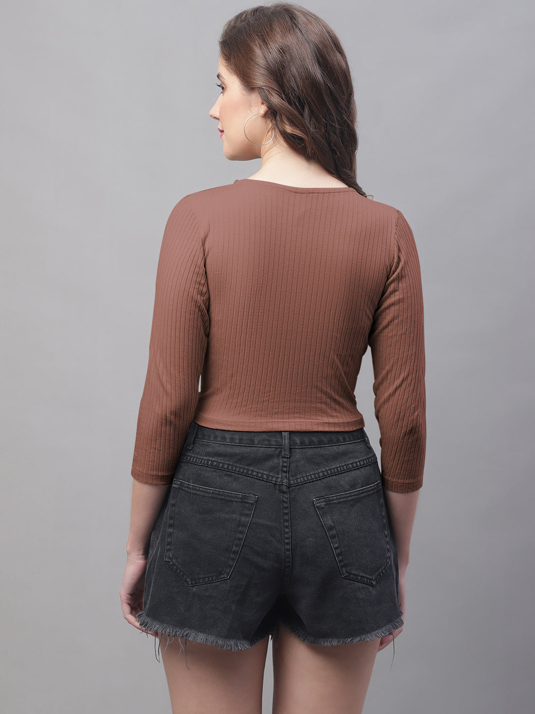 Women Round Neck Solid High-Low Crop Top - Friskers
