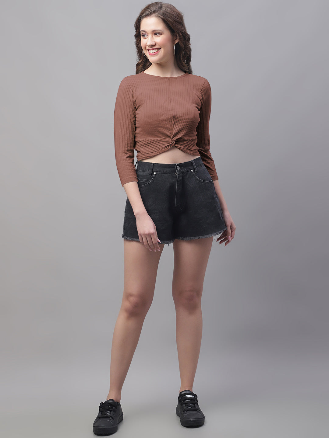 Women Round Neck Solid High-Low Crop Top - Friskers