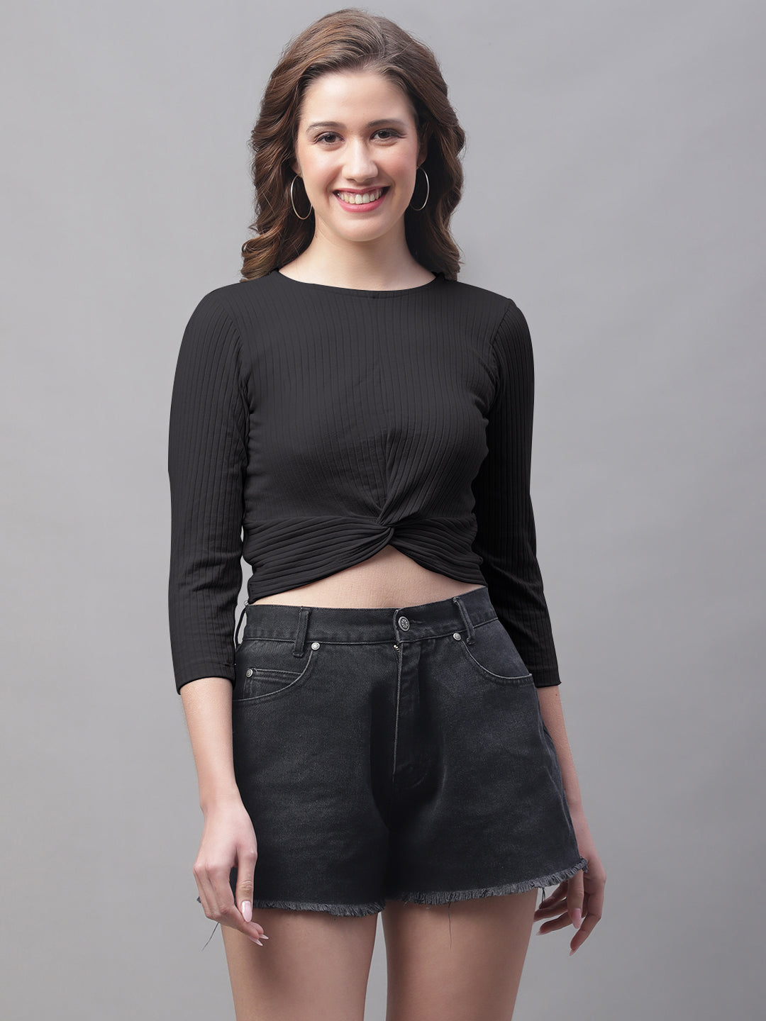Women Round Neck Solid High-Low Crop Top - Friskers