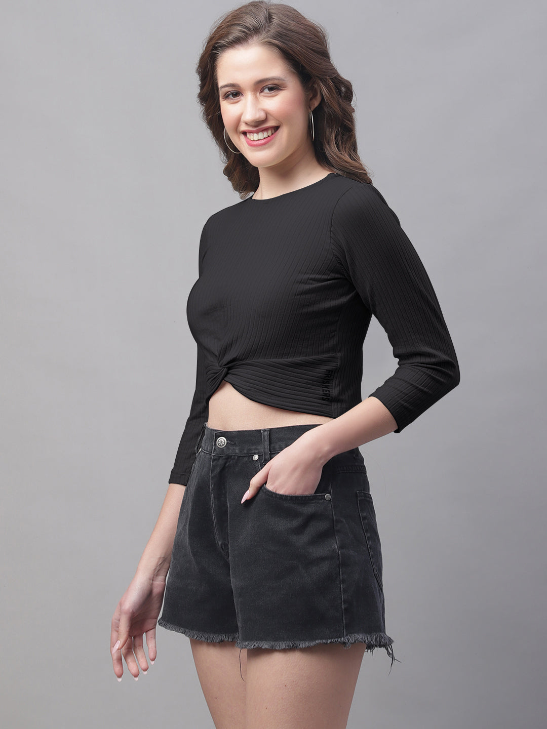 Women Round Neck Solid High-Low Crop Top - Friskers