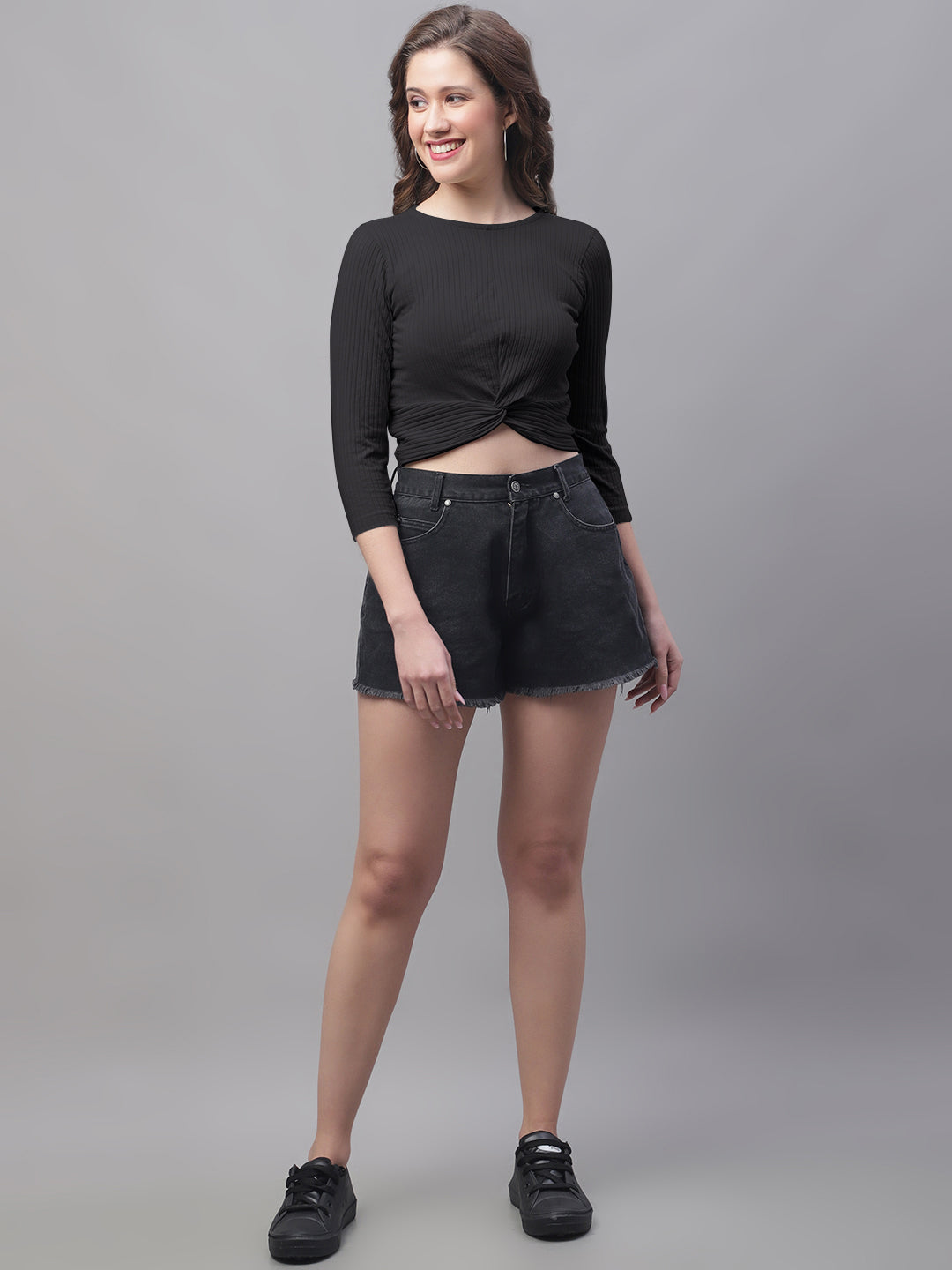 Women Round Neck Solid High-Low Crop Top - Friskers