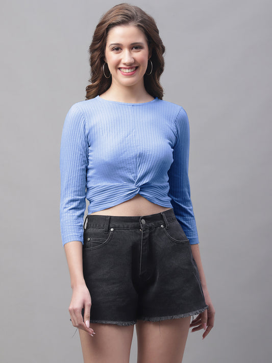 Women Round Neck Solid High-Low Crop Top - Friskers