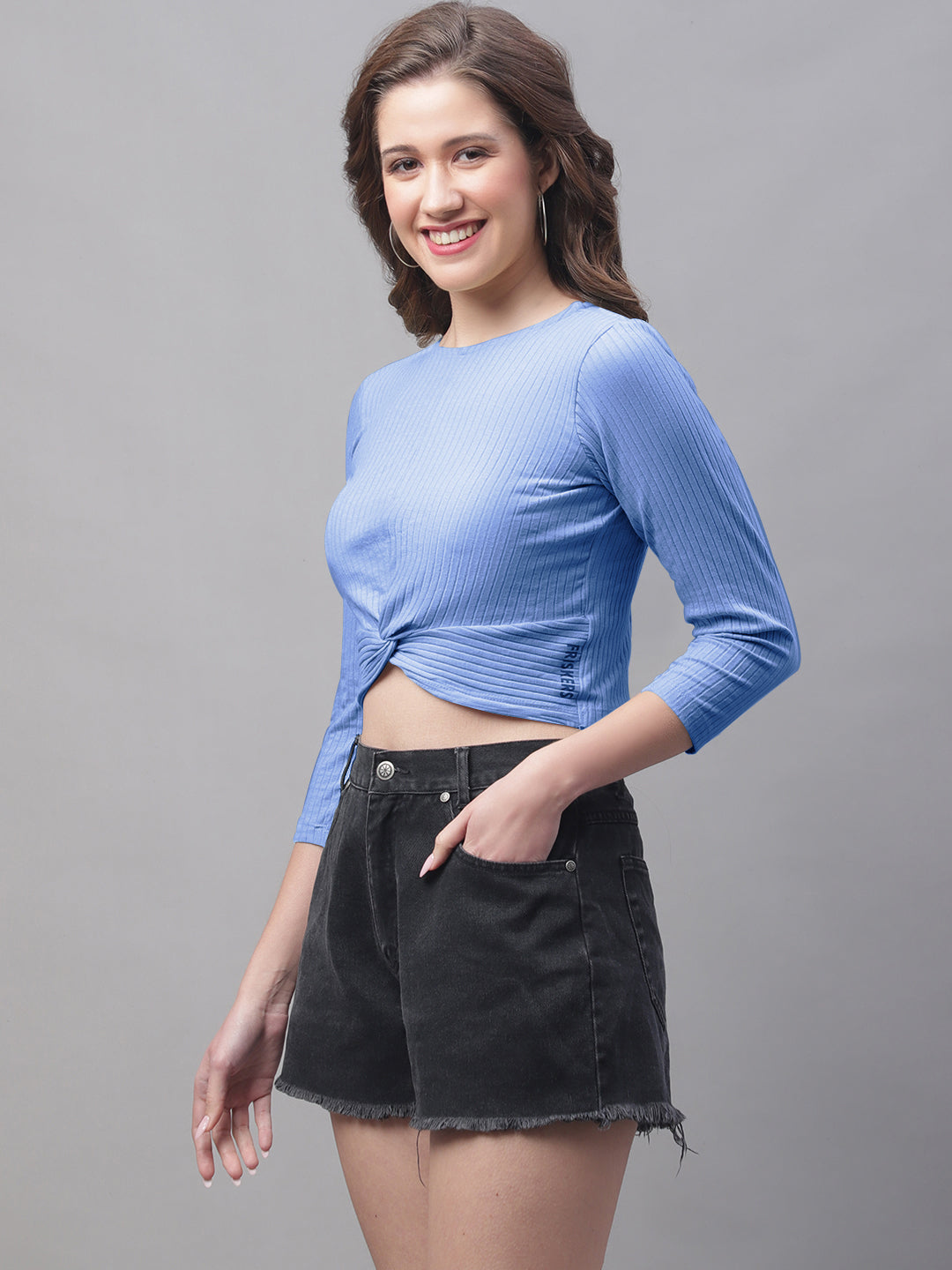 Women Round Neck Solid High-Low Crop Top - Friskers