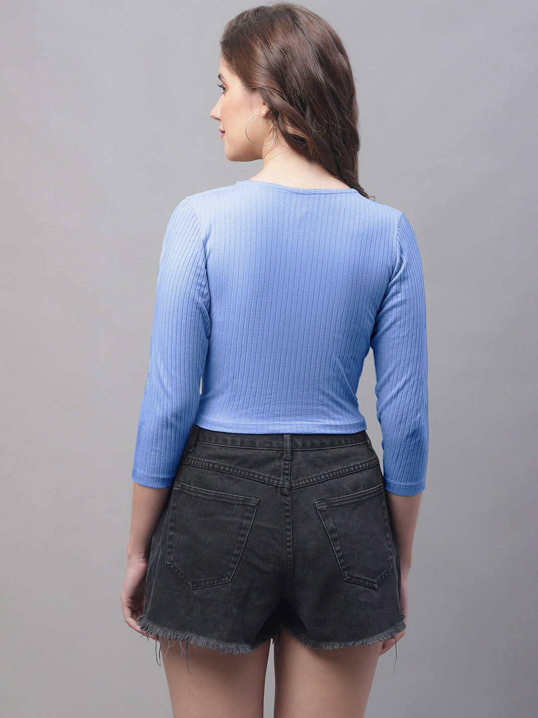 Women Round Neck Solid High-Low Crop Top - Friskers