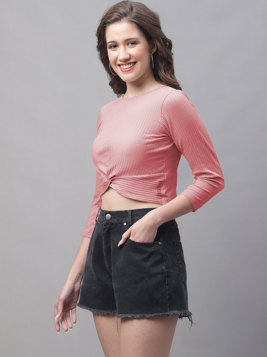 Women Round Neck Solid High-Low Crop Top - Friskers