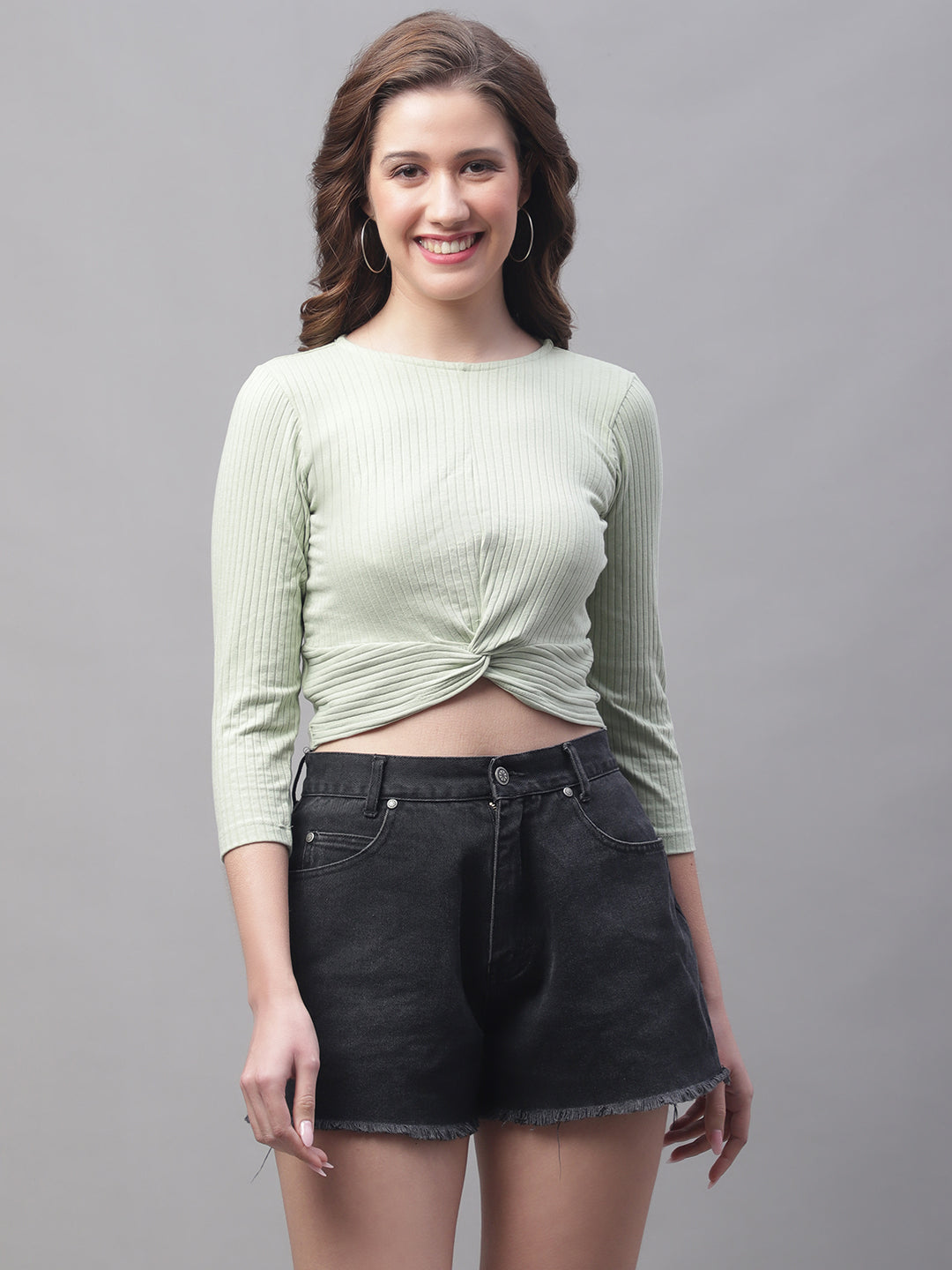 Women Round Neck Solid High-Low Crop Top - Friskers