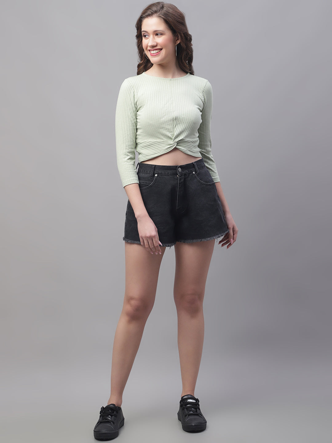 Women Round Neck Solid High-Low Crop Top - Friskers