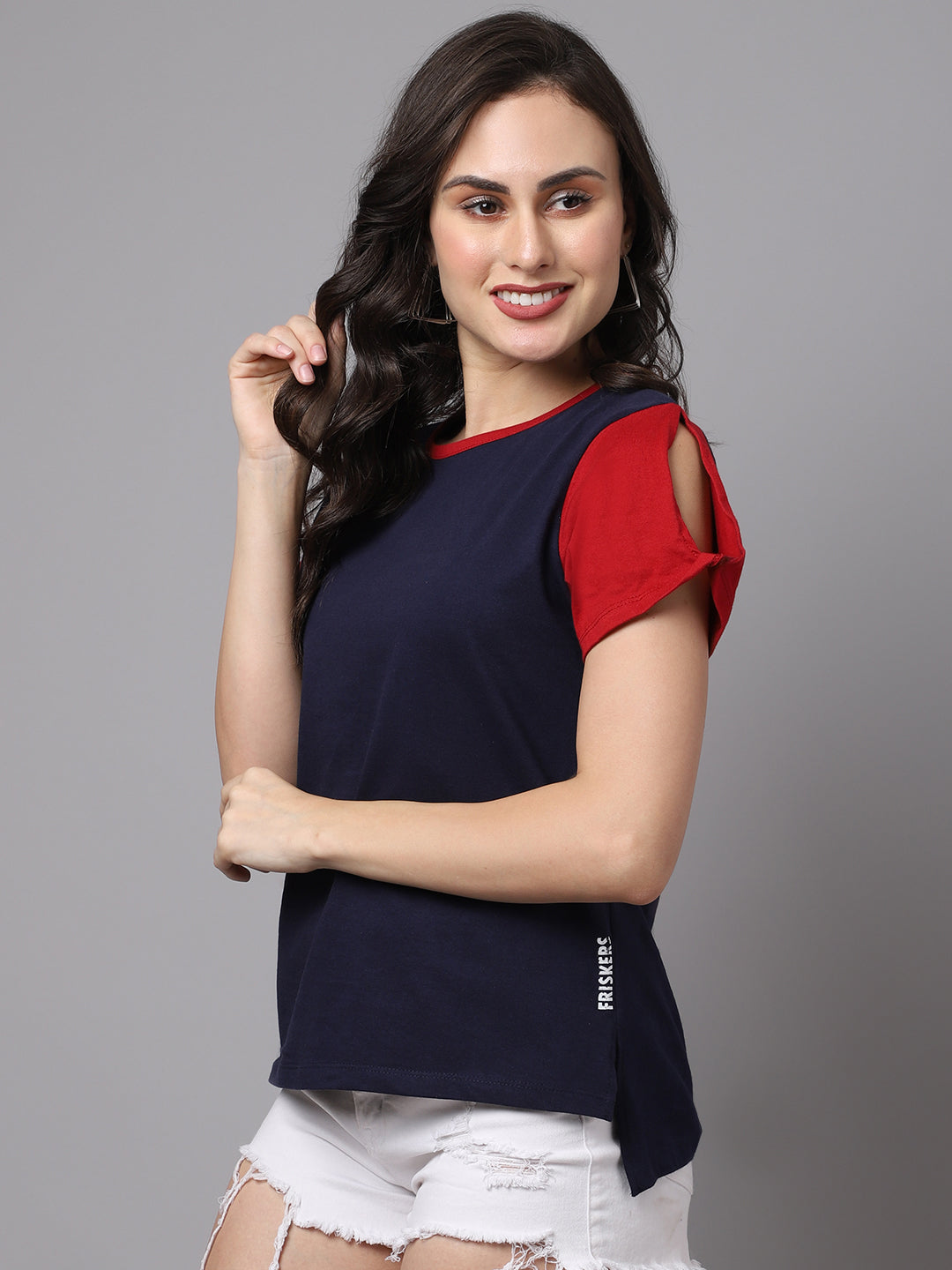 Women Multicolor Slit Sleeves Pure Cotton T-Shirt - Friskers