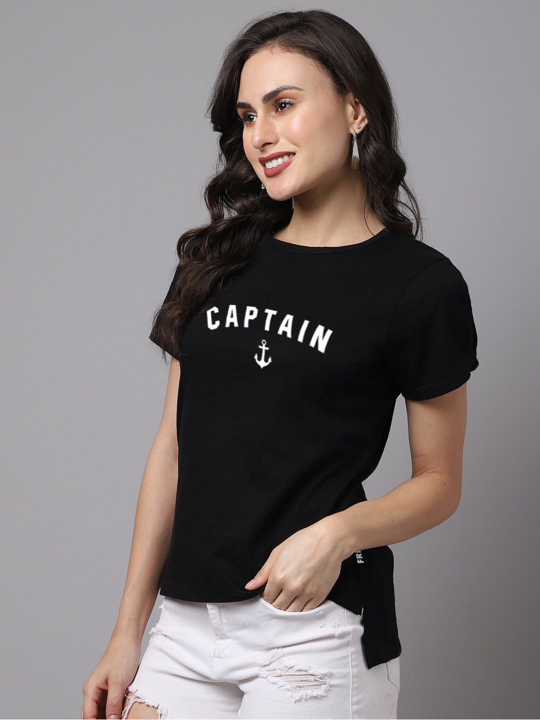 Women Slit Sleeves Captain Printed Pure Cotton T-Shirt - Friskers