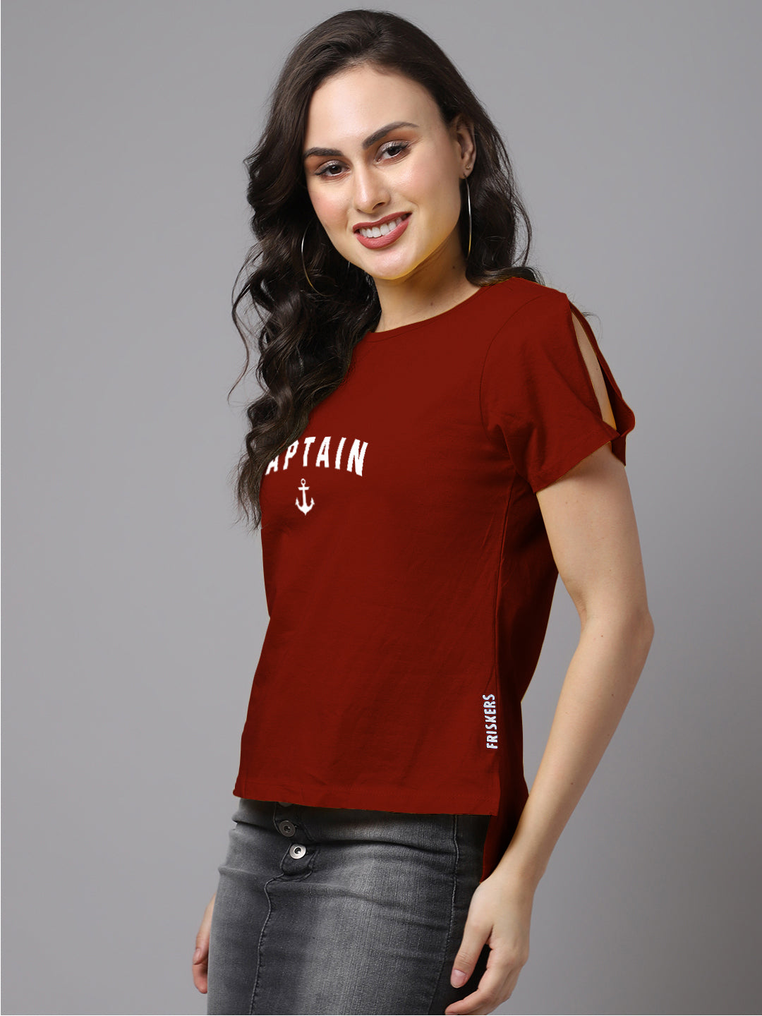 Women Slit Sleeves Captain Printed Pure Cotton T-Shirt - Friskers