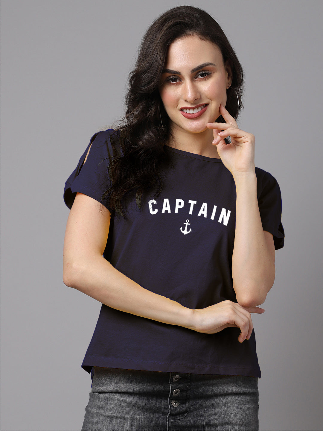 Women Slit Sleeves Captain Printed Pure Cotton T-Shirt - Friskers