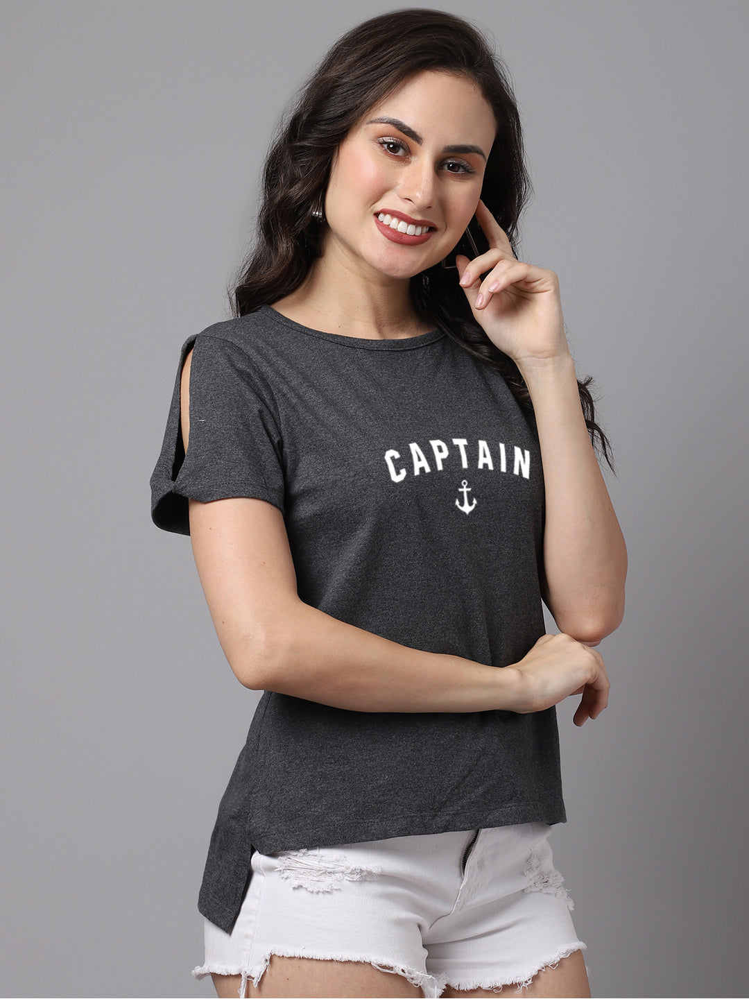 Women Slit Sleeves Captain Printed Pure Cotton T-Shirt - Friskers