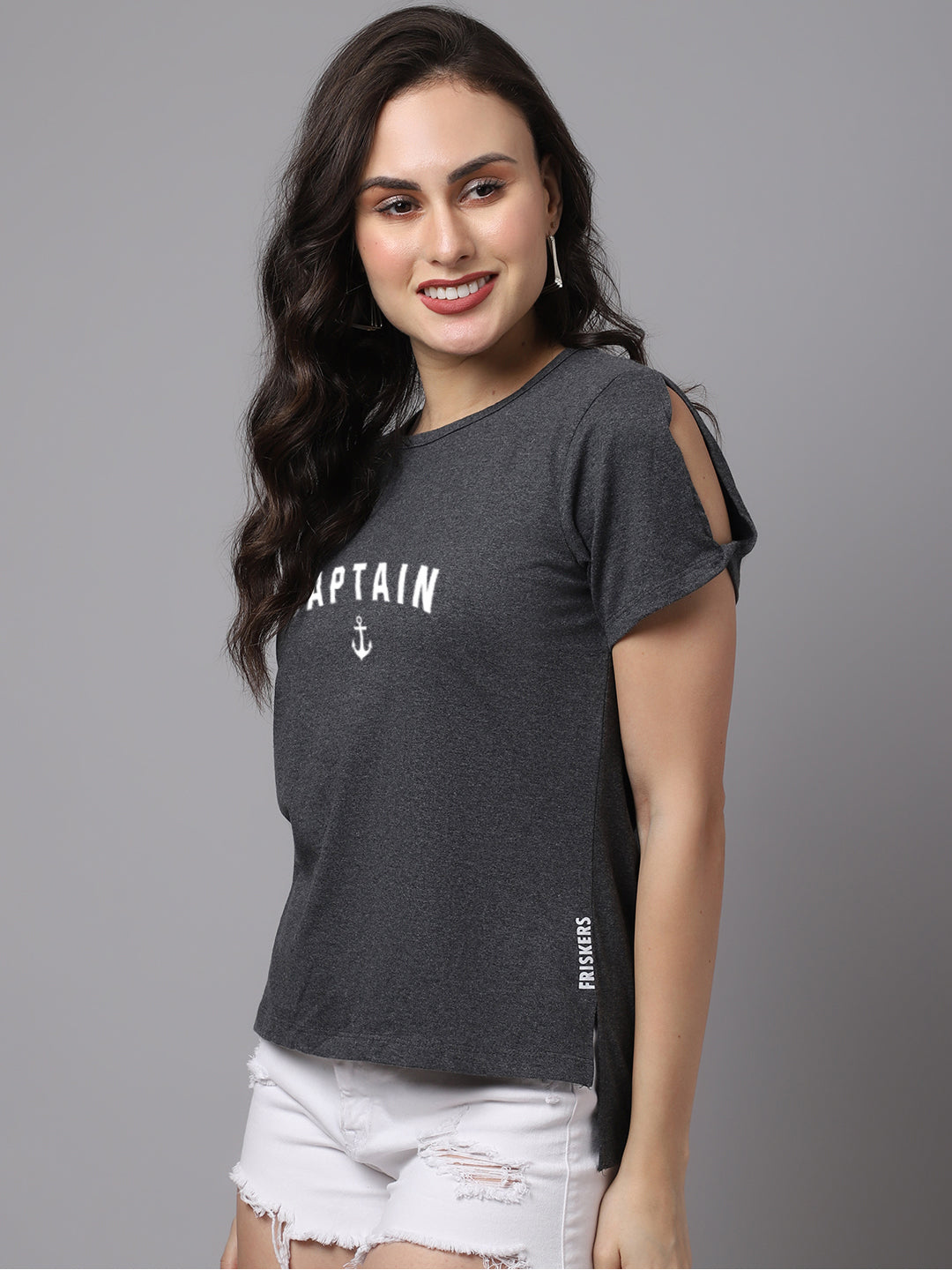 Women Slit Sleeves Captain Printed Pure Cotton T-Shirt - Friskers