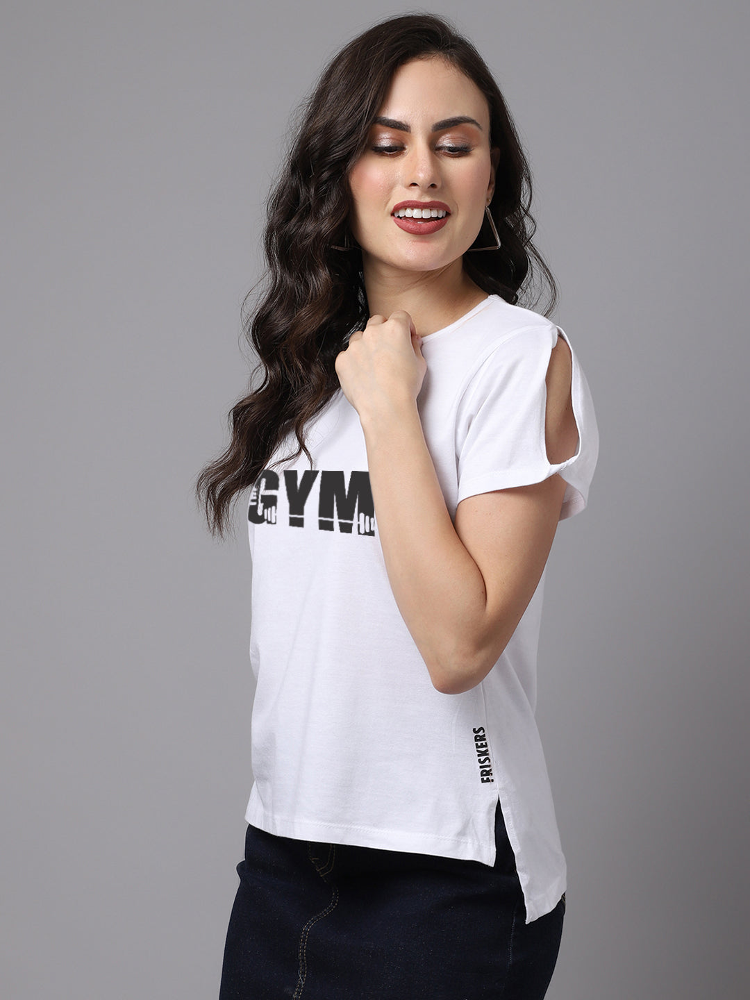 Women Slit Sleeves Gym Printed Pure Cotton T-Shirt - Friskers