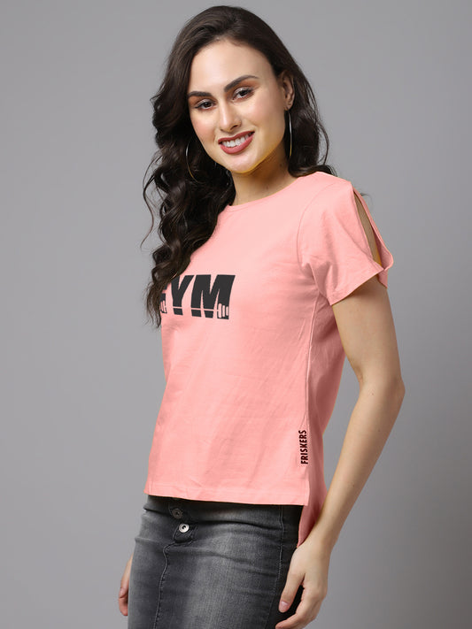 Women Slit Sleeves Gym Printed Pure Cotton T-Shirt - Friskers