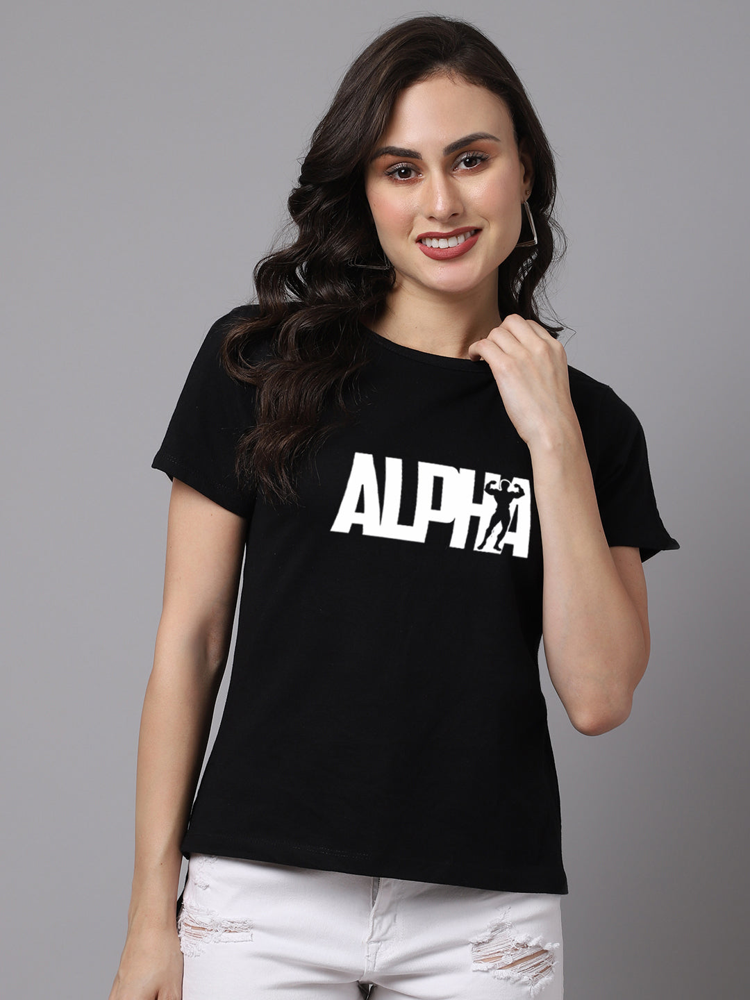 Women Slit Sleeves Alpha Printed Pure Cotton T-Shirt - Friskers
